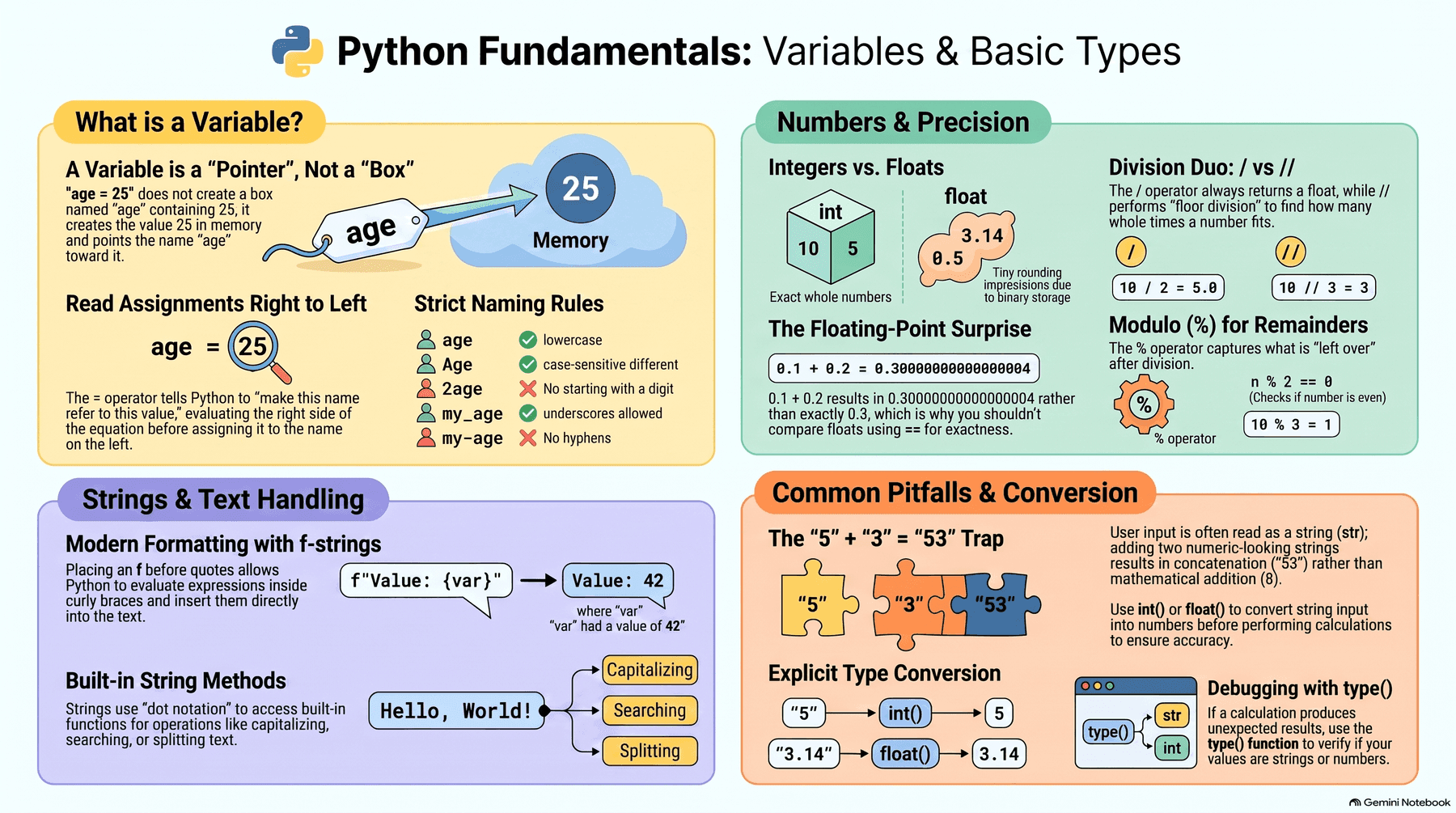 Overview of Python variables and basic types: a variable as a pointer to a value in memory (not a labeled box), naming rules, int vs float and the floating-point precision surprise (0.1 + 0.2), / vs // division and the modulo operator, f-string formatting and built-in string methods, and the common '5' + '3' = '53' string-concatenation-vs-addition pitfall fixed with int()/float() conversion