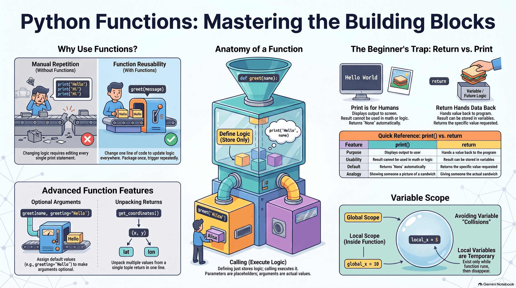 Overview of Python functions: why functions exist (reusability over manual repetition), the anatomy of a function (defining stores logic, calling executes it), the print() vs return beginner's trap (print displays output for humans and always returns None, return hands a value back to the program), optional arguments with default values, unpacking a tuple return into multiple variables, and global vs local variable scope