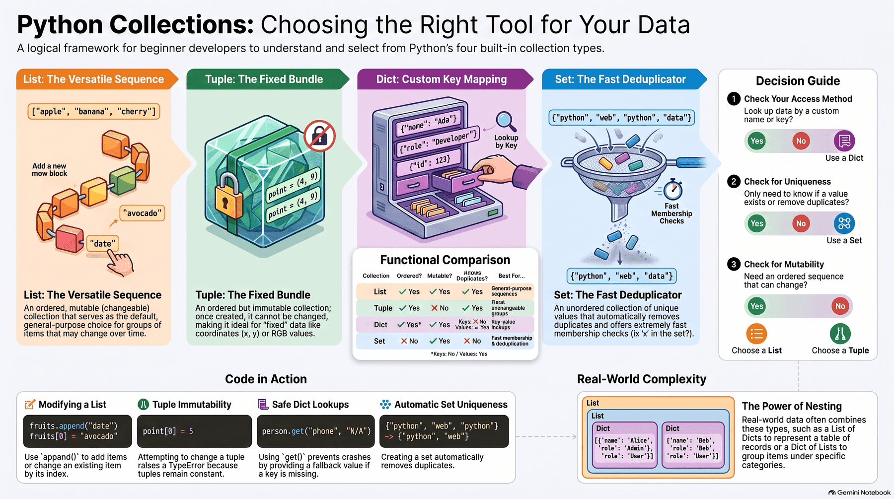 Overview of Python's four collection types: list as the versatile mutable sequence, tuple as the fixed immutable bundle, dict for custom key-based lookup, and set for fast deduplication and membership checks, plus a functional comparison table (ordered/mutable/allows duplicates) and a three-question decision guide for picking the right one