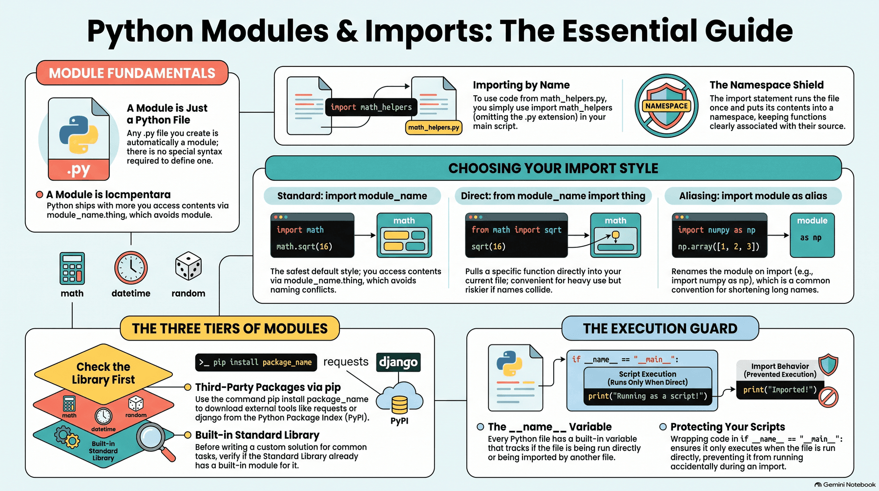 Overview of Python modules and imports: a module is just a .py file, importing by name puts a module's contents into its own namespace, the three import styles (standard import module, direct from module import thing, and aliasing with as), the three tiers of modules (standard library, third-party via pip/PyPI, your own files), and the __name__ == '__main__' execution guard that stops script code from running on import
