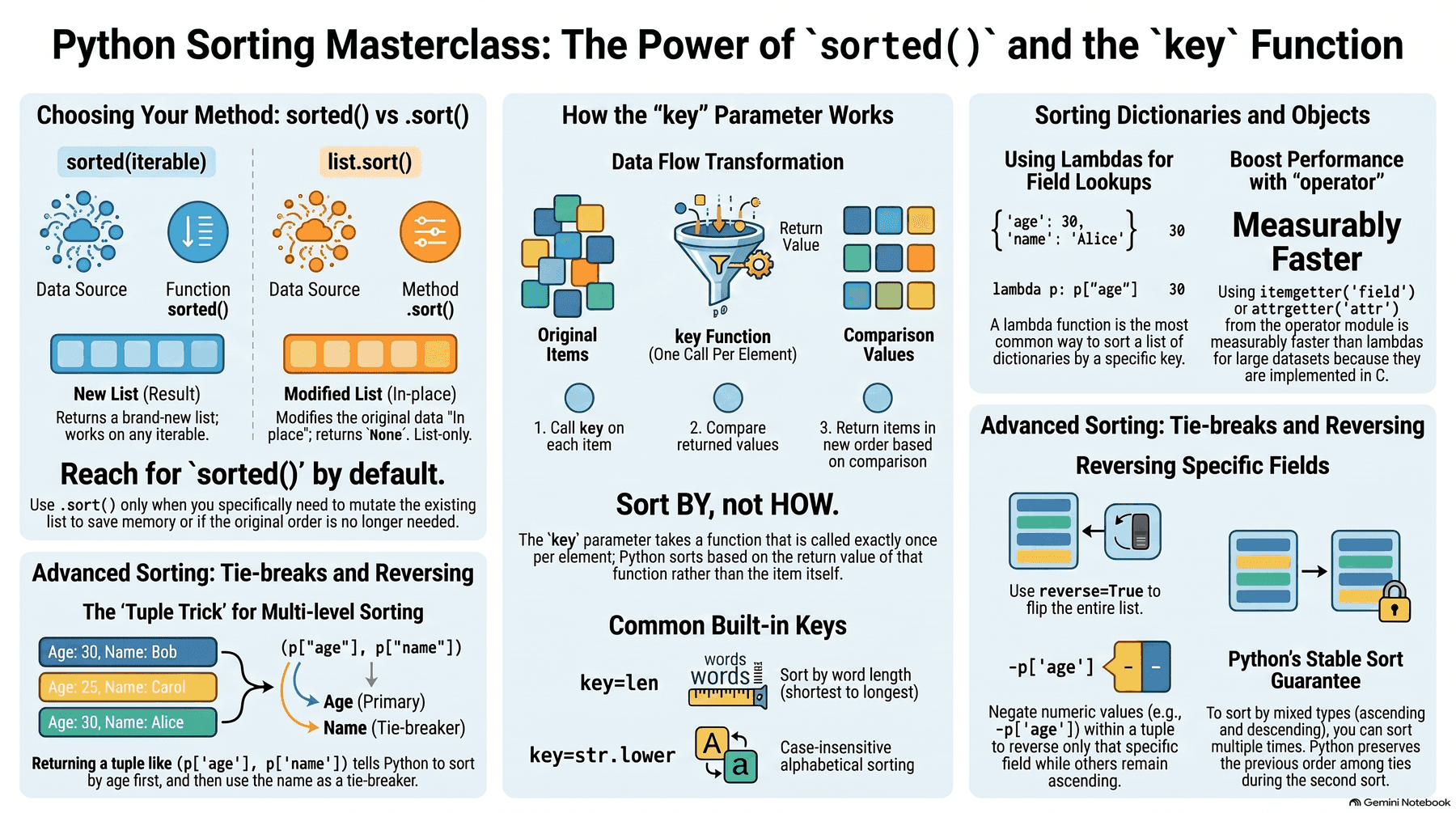 Overview of Python sorting: sorted() returns a new list vs .sort() sorts in place, the key parameter sorts BY a function's return value rather than the element itself, lambdas and operator.itemgetter/attrgetter as key functions for dicts and objects, tuple keys for multi-field tiebreaks, and operator.itemgetter's speed advantage over a lambda