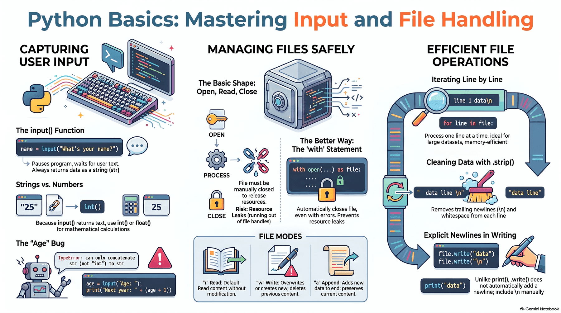 Overview of capturing user input with input() and always getting a string back, explicit type conversion with int()/float(), managing files safely with the with statement as a context manager, memory-efficient line-by-line reading with for line in file, and a table of file access modes (r read, w write/overwrite, a append)
