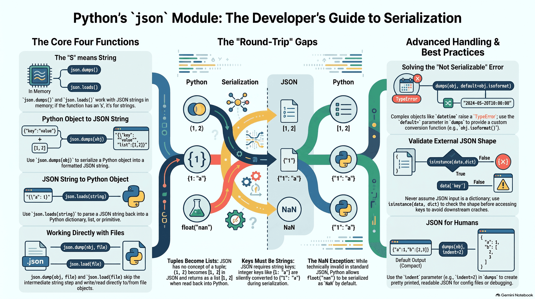 Overview of the json module: dumps()/loads() for JSON strings vs dump()/load() for files, the round-trip gaps where tuples become lists and integer dict keys become strings, using default= to serialize objects like datetime that have no direct JSON equivalent, validating shape after loads() instead of assuming it, and indent= for human-readable output