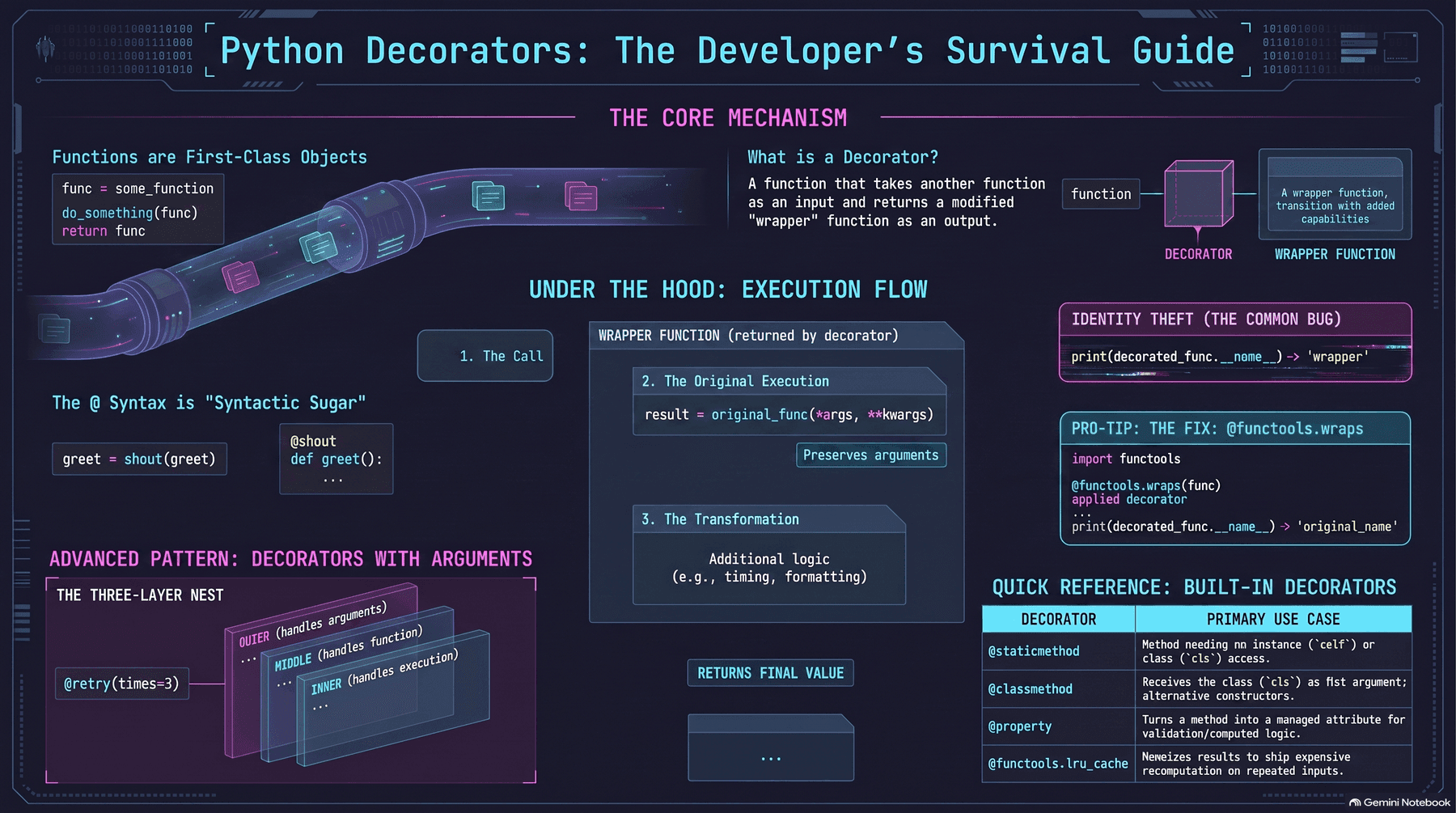 Overview of Python decorators: functions as first-class objects, a decorator as a function that takes a function and returns a wrapper, the @ syntax as sugar for reassignment, the wrapper's execution flow (call, run the original, transform), decorators with arguments via a three-layer nested function, the '__name__ becomes wrapper' identity bug, the functools.wraps fix, and a quick-reference table of staticmethod/classmethod/property/lru_cache