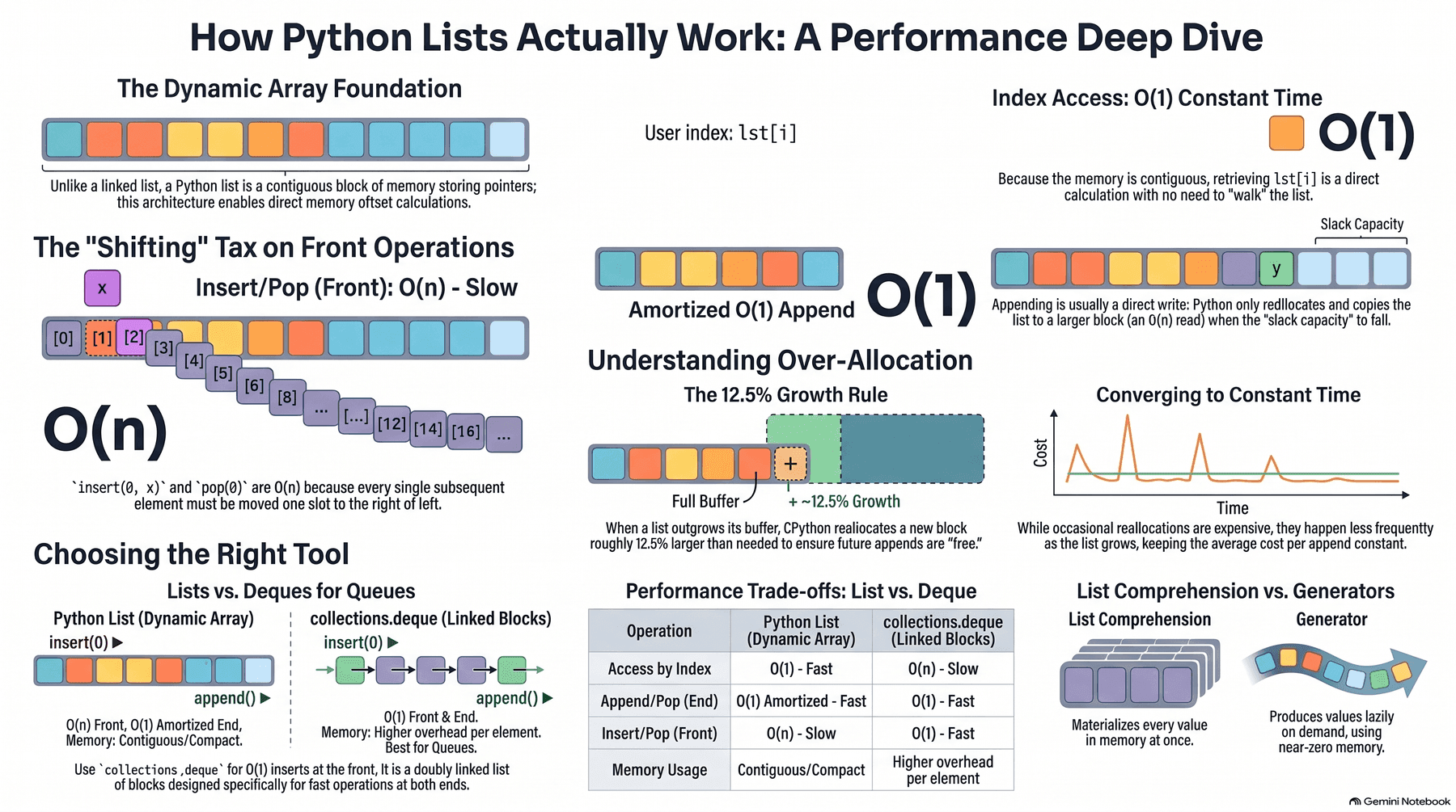 Diagram of how Python lists actually work: a list as a contiguous block of memory (not a linked list), O(1) index access via direct memory offset, the O(n) shifting tax on insert(0, x) and pop(0), amortized O(1) append via the 12.5% over-allocation growth rule, a cost-over-time chart showing occasional reallocation spikes converging to constant average cost, a list-vs-deque performance trade-off table, and list comprehension (materializes everything) vs generator (lazy, near-zero memory)