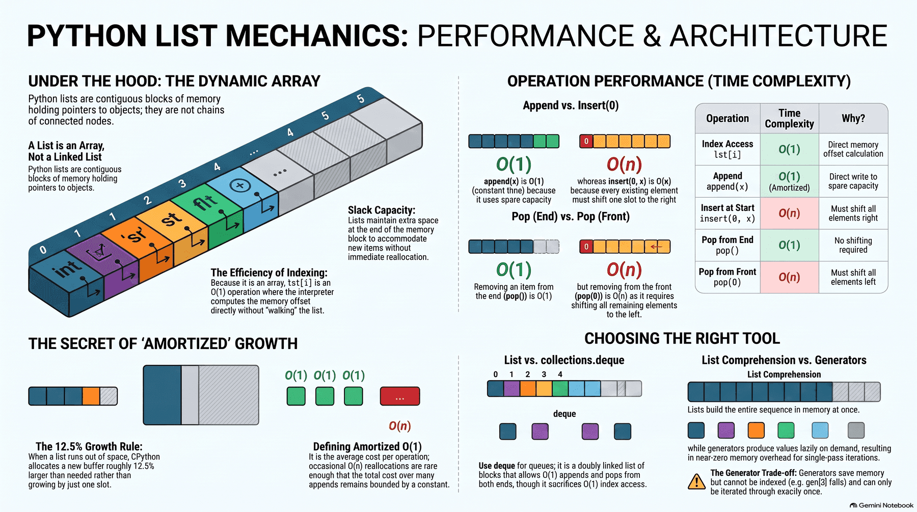 A second overview of Python list mechanics, with an isometric 3D array visual: lists as contiguous memory blocks with slack capacity, O(1) index access via memory offset, an append-vs-insert(0) and pop(end)-vs-pop(front) time-complexity comparison, an operation/time-complexity/reason reference table, the 12.5% growth rule behind amortized O(1) growth, list vs collections.deque for queues, and list comprehension vs generator memory trade-offs
