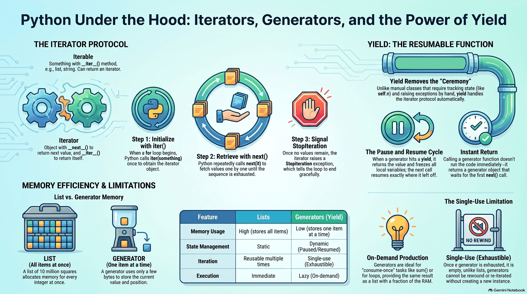 Overview of Python iterators and generators: the iterator protocol (an iterable has __iter__, an iterator has __next__, iter() initializes, next() retrieves values, StopIteration signals the end), yield as a resumable function that removes the manual state-tracking ceremony of a class-based iterator, the pause-and-resume cycle when a generator hits yield, and a list-vs-generator comparison table across memory usage, state management, iteration (reusable vs single-use/exhaustible), and execution (immediate vs lazy)