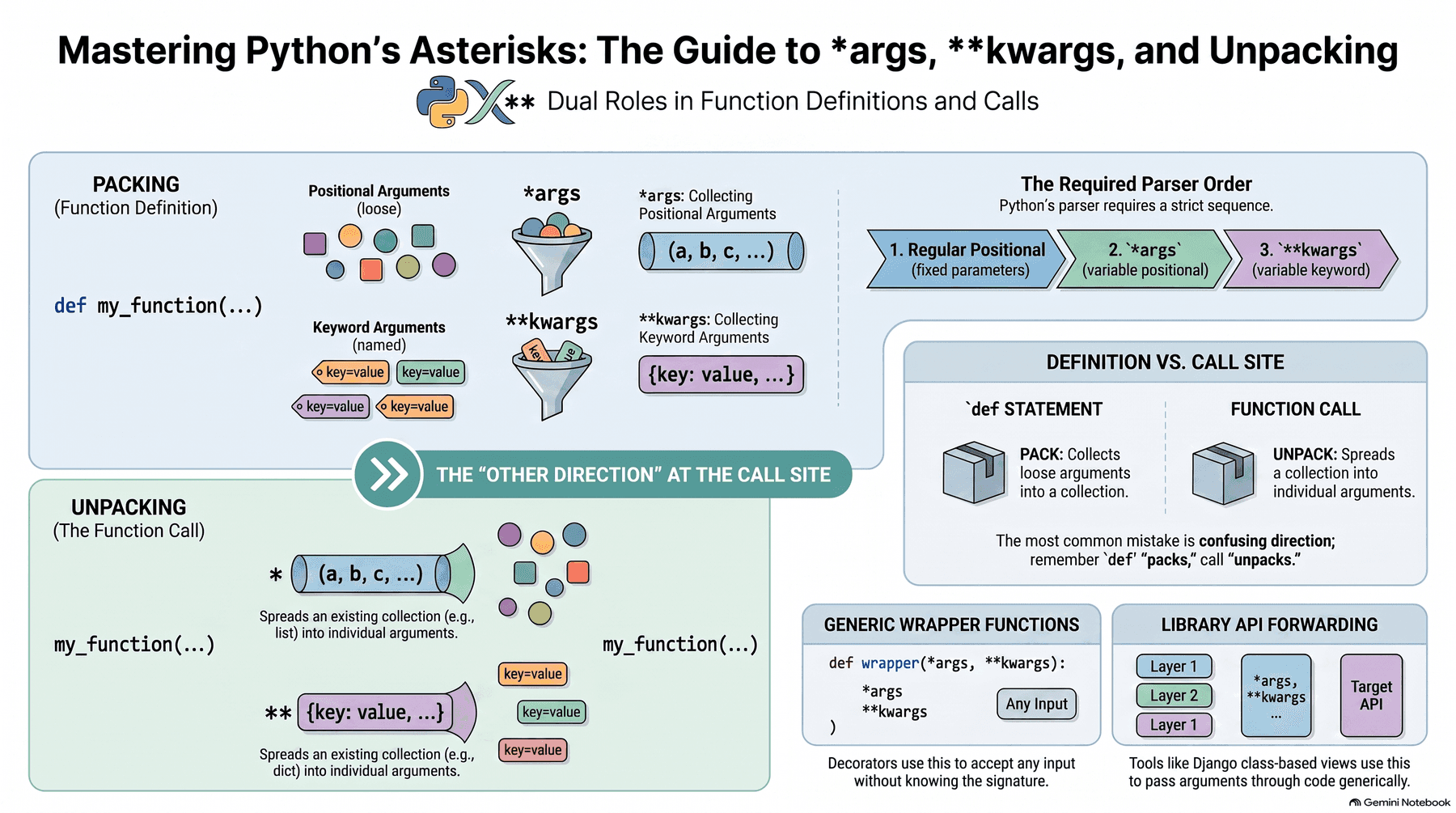 Overview diagram of *args and **kwargs: packing loose positional and keyword arguments into a tuple and dict at function definition, the required parser order (regular positional, then *args, then **kwargs), and unpacking a collection back into individual arguments at the call site with * and **